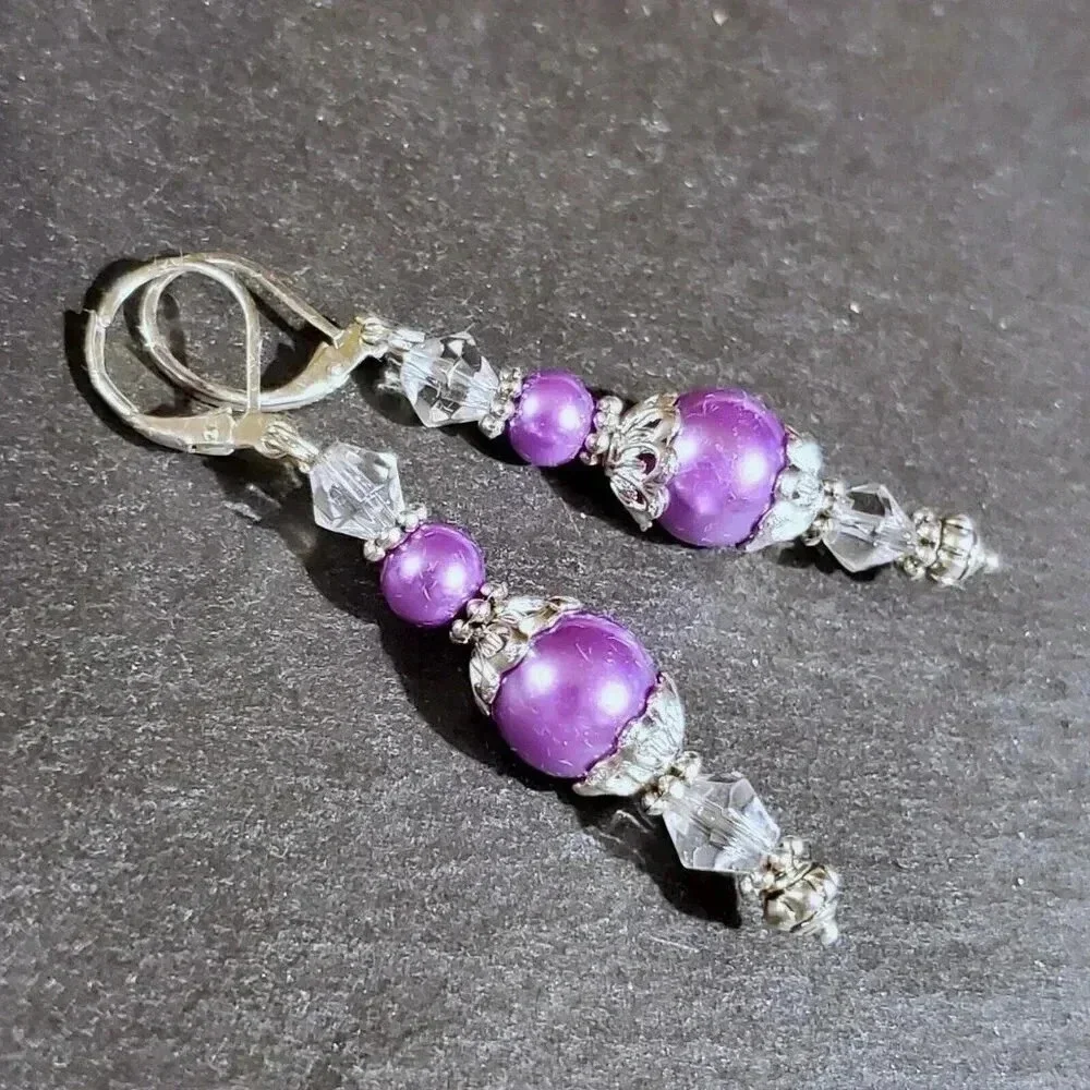 Purple Glass Pearl Sterling Silver Plated Handcrafted Dangle Earrings
